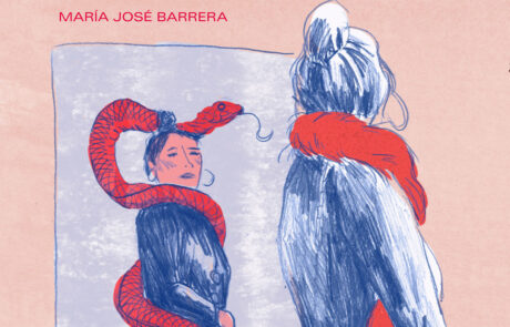 Ilustración de mujer con una serpiente que la rodea mirándose en un espejo