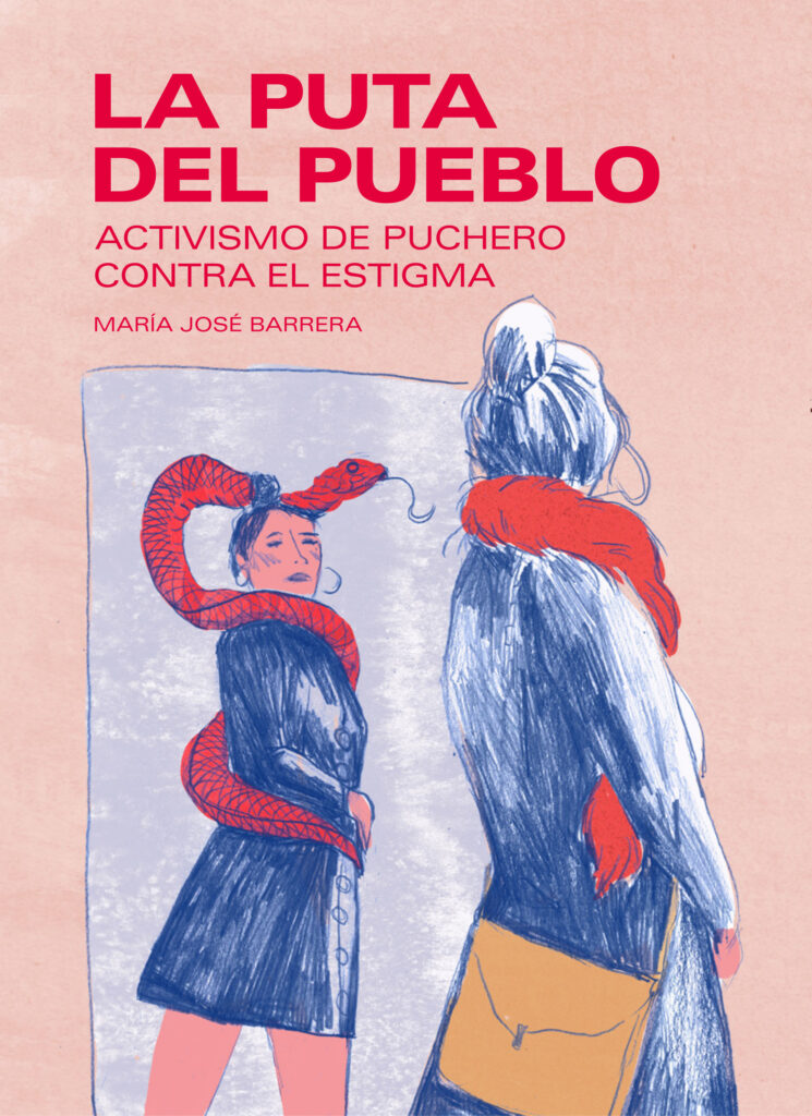 Ilustración de mujer con una serpiente que la rodea mirándose en un espejo